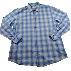Calvin Klein Mens XL Blue Plaid Long Sleeve Button Down Shirt 100% Cotton
